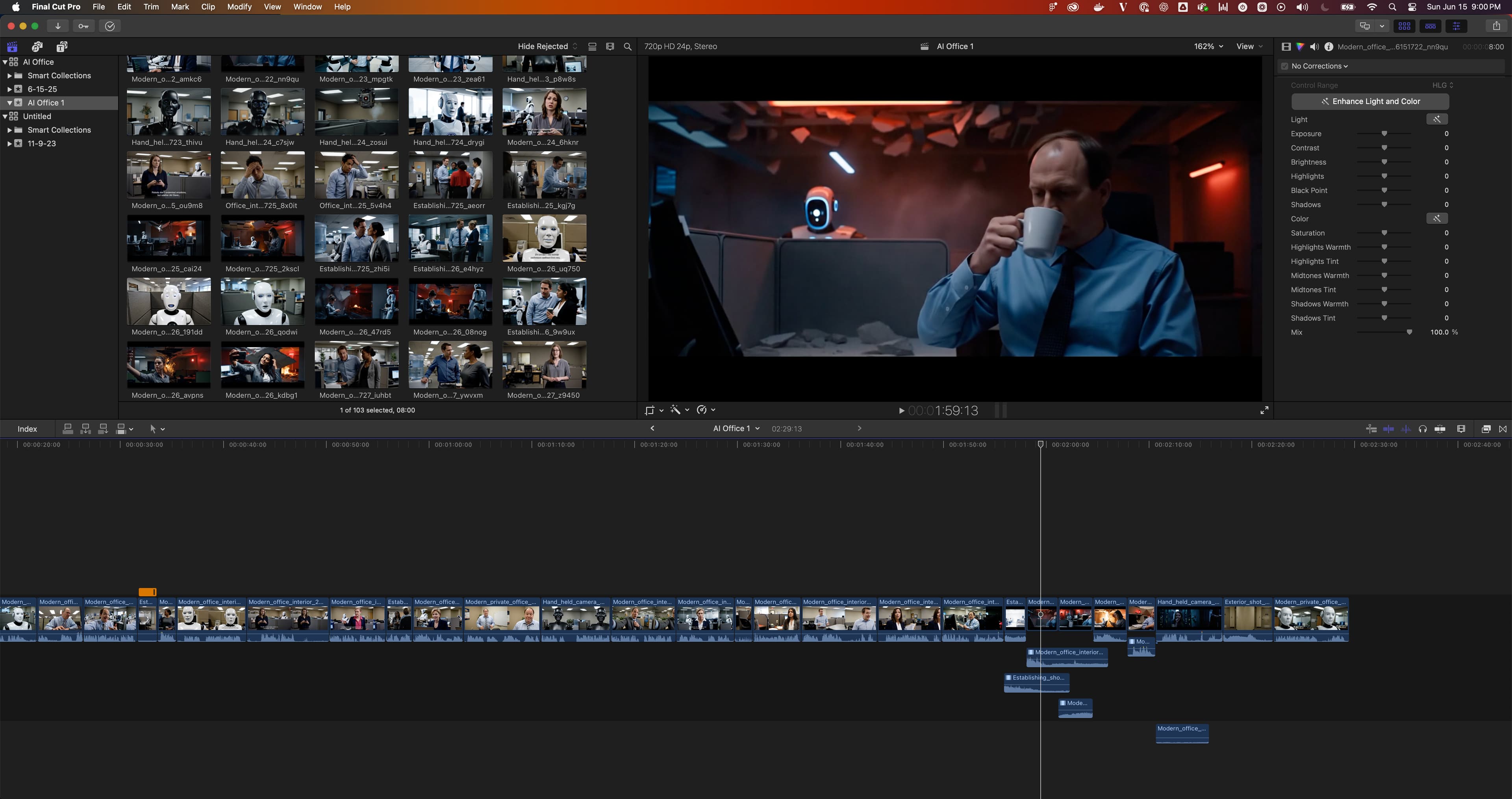 Screenshot of a video editing workspace (Final Cut Pro) with a media browser full of clips on the left and a large preview frame in the center. The preview shows a man in a blue shirt drinking from a mug, with a small orange and blue robot on the desk in the background, and a timeline of clips along the bottom.