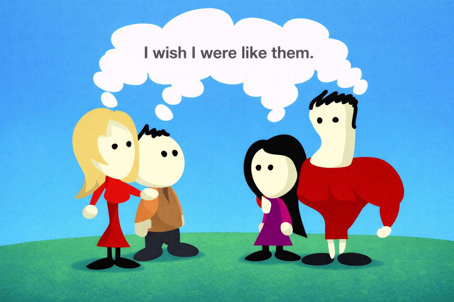Two cartoon couples stand on a grassy hill under a bright blue sky: a blonde woman in red leans toward a short man, while a tall, muscular man in red stands with a girl in a purple dress. A large thought bubble above the left couple reads, “I wish I were like them.”