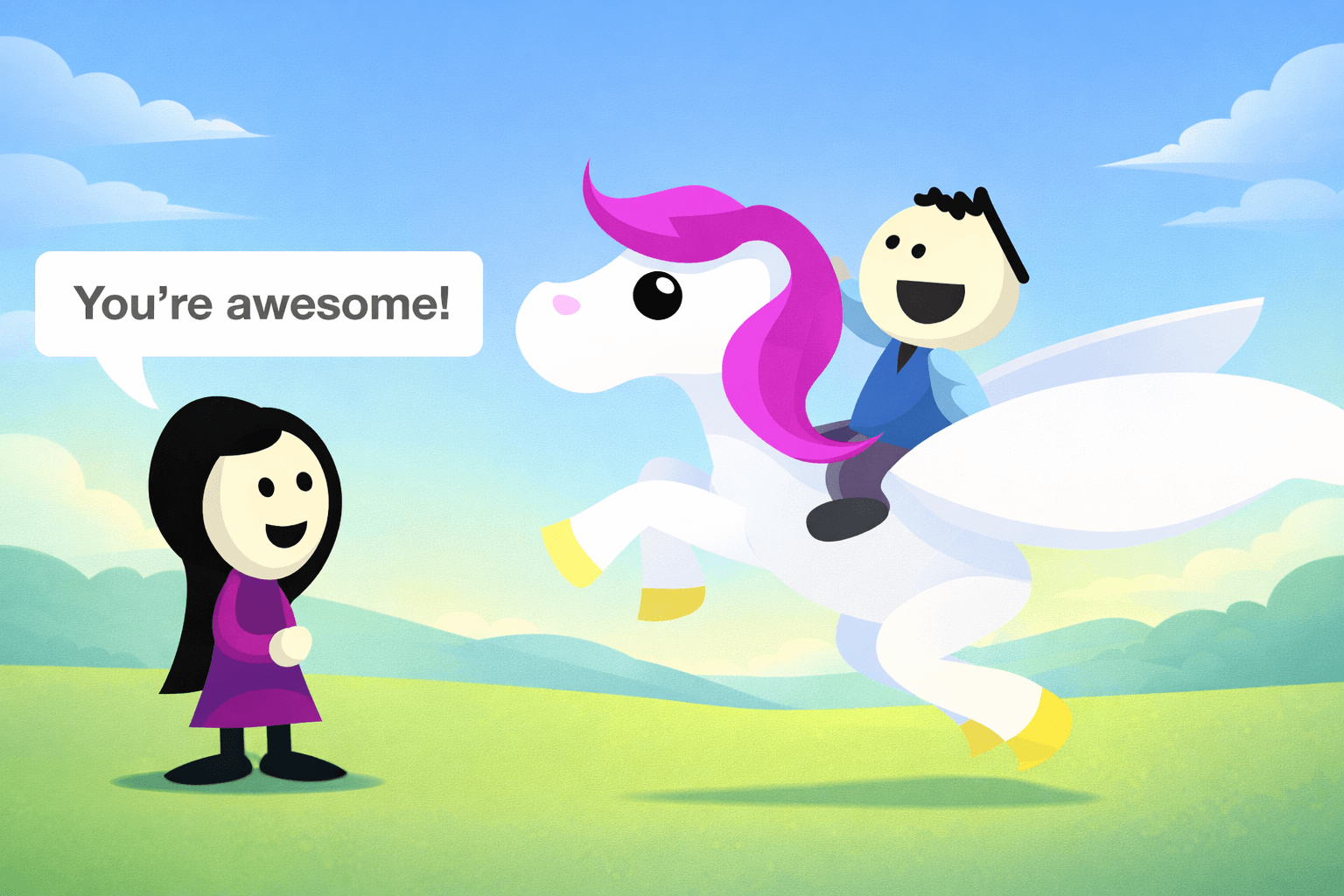 A smiling girl in a purple dress stands on a green field as a white winged unicorn with a pink mane rears up, carrying a small rider in a blue outfit flying beside her in a bright blue sky with clouds. A speech bubble near the girl reads, “You’re awesome!”
