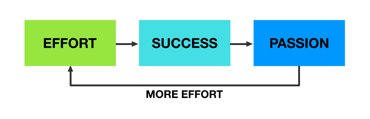 A three-step diagram with green box labeled EFFORT, turquoise box labeled SUCCESS, and blue box labeled PASSION connected by arrows from left to right. A curved arrow from PASSION loops back to EFFORT labeled MORE EFFORT.