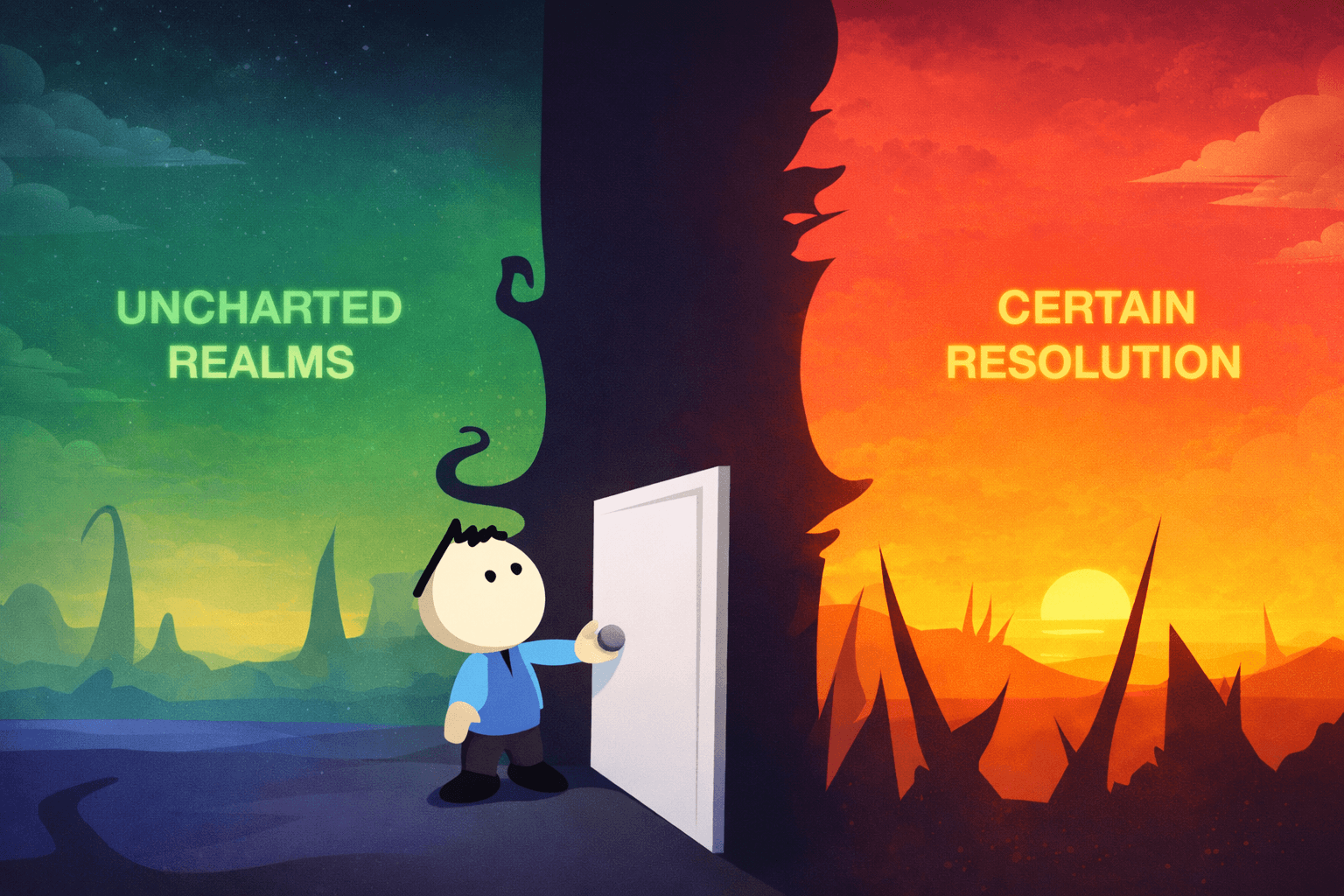A cartoon character stands at an open door that splits a green, starry left side labeled “UNCHARTED REALMS” from a bright orange, sunset right side labeled “CERTAIN RESOLUTION.” The figure reaches toward the door with one hand, with surreal, jagged landscape shapes on both sides.
