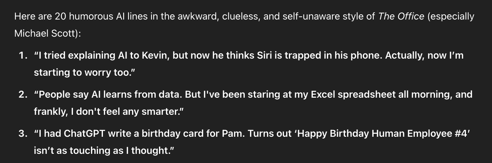 Dark slide with white text listing 20 humorous AI lines in The Office style; shows the first three quotes, including Kevin thinking Siri is trapped, frustration with Excel, and a birthday card for Pam.