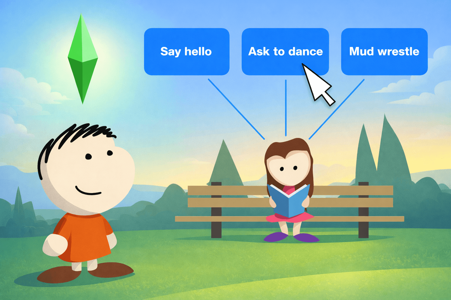 Man considers how to approach a woman, sees three options above her head: 1. Say hello 2. Ask to dance 3. Mud wrestle