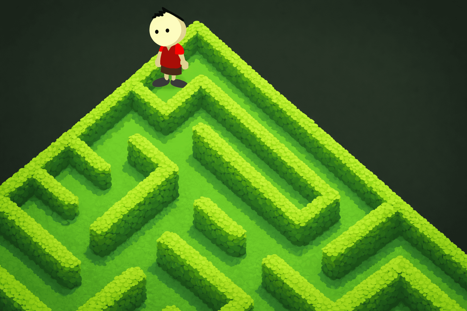 A bright isometric hedge maze with thick, rounded green hedges forming zigzag paths. A small cartoon character in a red shirt and brown shorts stands at the top corner near the maze’s peak.