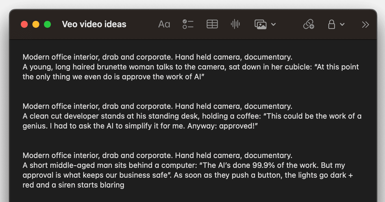 A dark-mode window labeled “Veo video ideas” contains three blocks of white text describing office scenes and AI-related dialogue. The window has Mac-style traffic-light buttons (red, yellow, green) in the top-left corner.