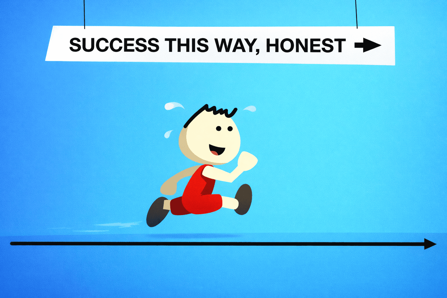 A cheerful cartoon child in a red outfit runs to the right on a bright blue background, with little sweat droplets around the head. Above, a white sign hangs reading “SUCCESS THIS WAY, HONEST” with a right-pointing arrow, and a black horizontal arrow line runs along the bottom.