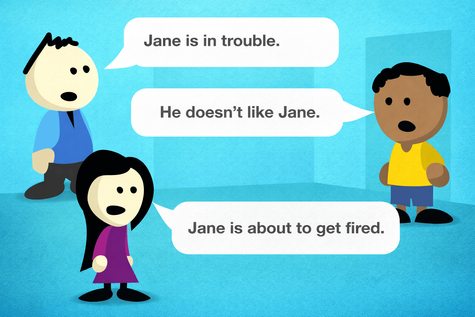 Three cartoon characters stand in a blue room: a man in a blue shirt on the left, a girl in a purple dress in the foreground, and a boy in a doorway on the right. White speech bubbles carry the phrases, “Jane is in trouble,” “He doesn’t like Jane,” and “Jane is about to get fired.”