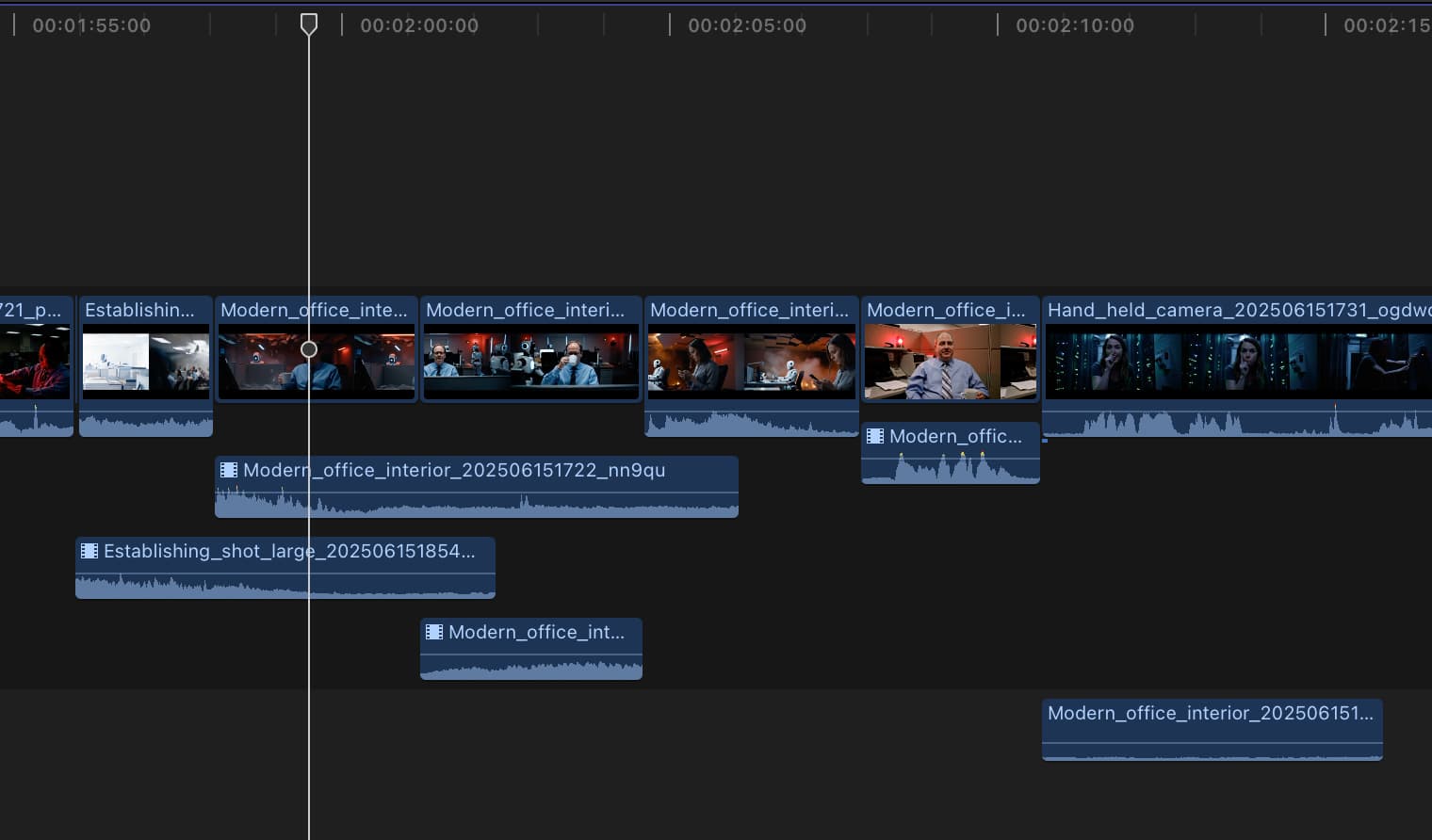 A video editing timeline with multiple blue clip blocks arranged along two video tracks and a few audio waveform segments beneath them. A vertical white playhead marks the current position around 00:02:00:00.