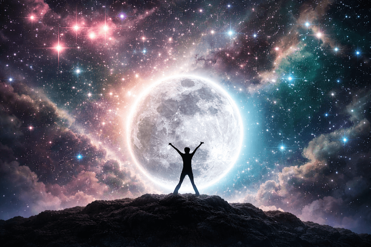A dark silhouette of a person standing on a rocky ridge with arms raised, positioned in front of a huge, glowing full moon. The sky behind is a colorful, star-filled nebula with bright points of light and a radiant halo around the moon.