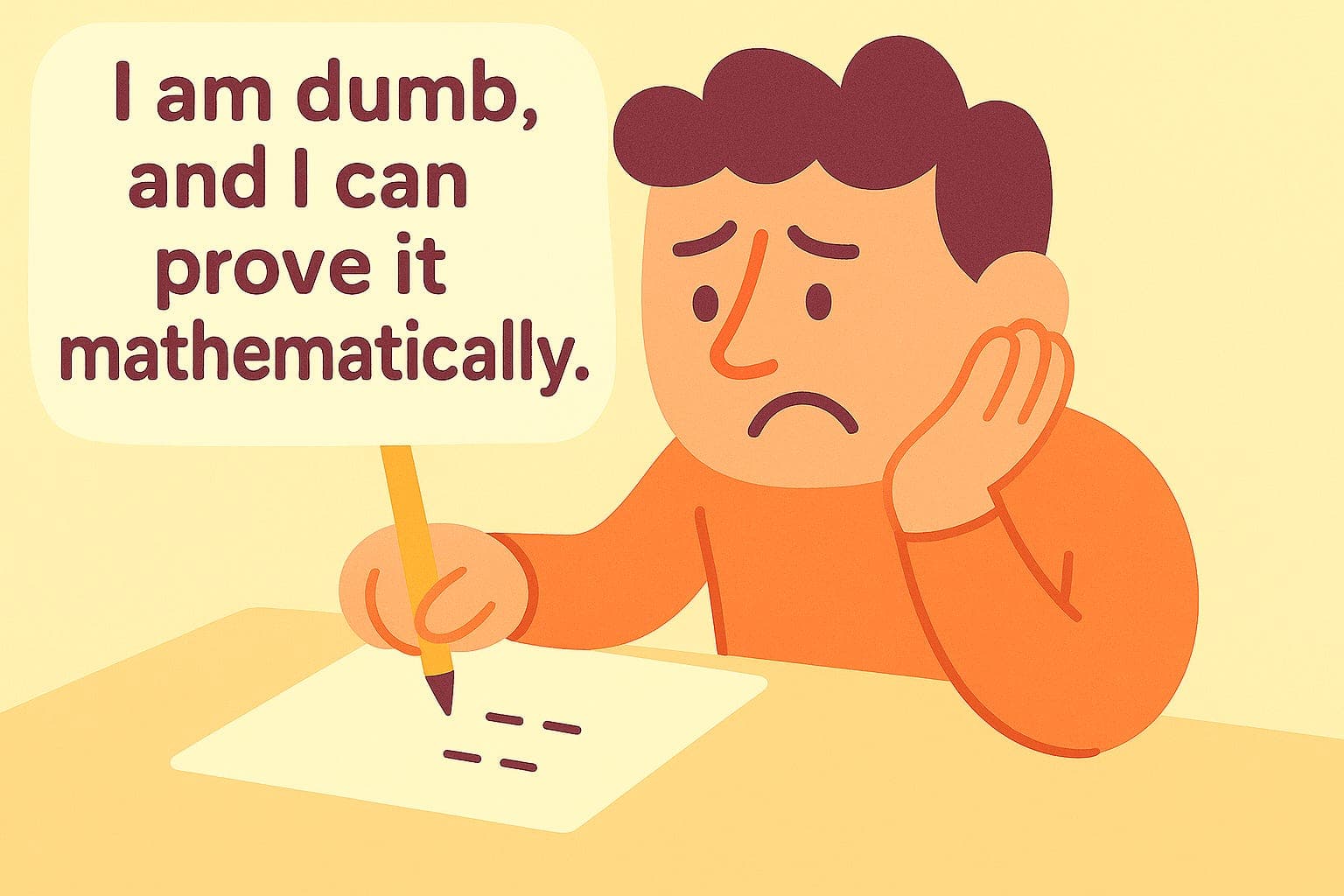 A man writes on a page with a pencil. He is unhappy, and he says "I am dumb, and I can prove it mathematically"