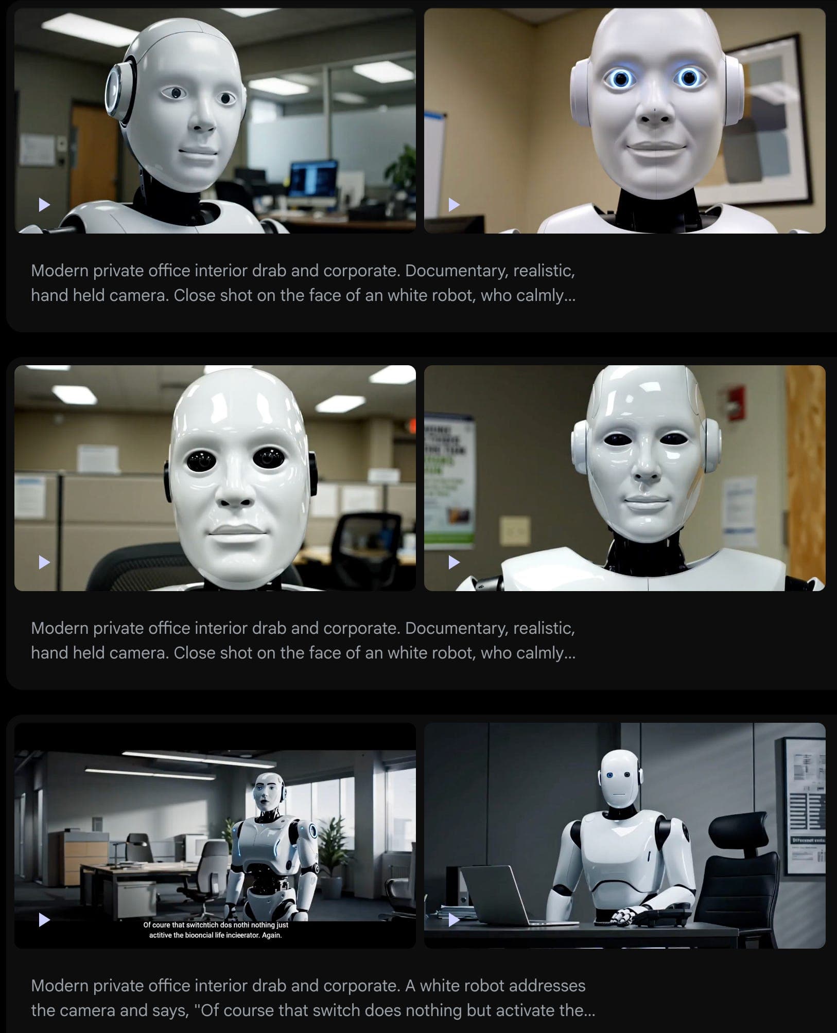 Collage of six light-gray humanoid robots in an office setting: several close-ups of their neutral faces with blue eyes and headphones, plus two wider shots showing a robot standing at desks and another seated at a laptop. Small play icons appear on the video thumbnails.