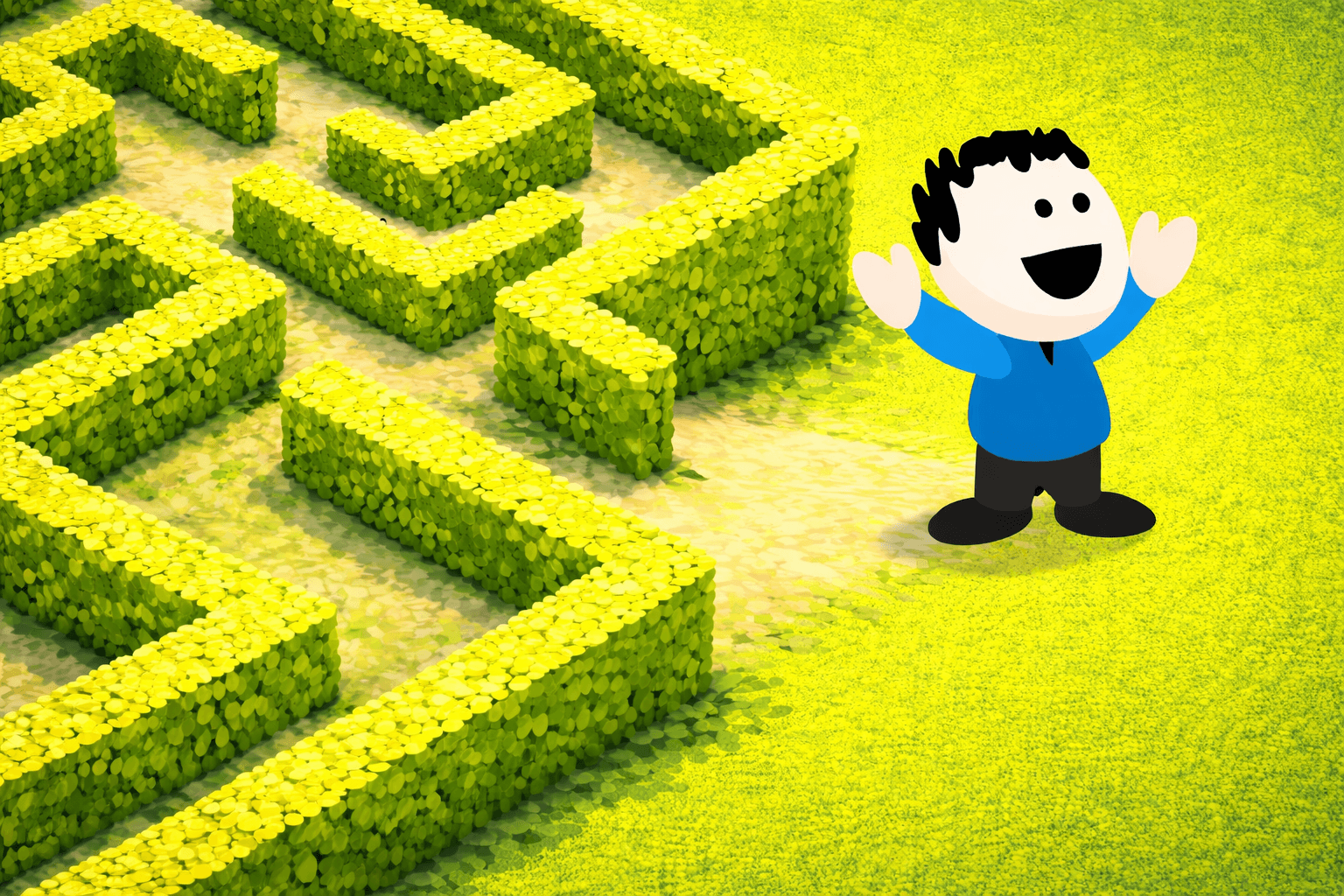A vibrant lime-green hedge maze dominates the left side, with tall leafy walls forming a labyrinth. On the right, a cheerful cartoon figure in a blue shirt and black pants stands with arms raised.